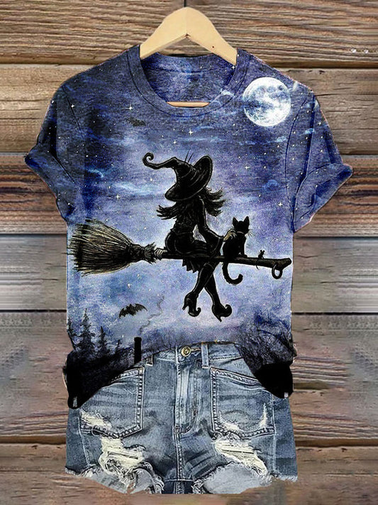 Halloween Witch Print Women's Crew Neck T-Shirt