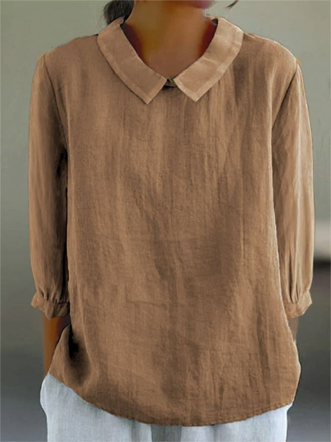 Women's Solid Color Casual Cotton And Linen 3/4 Sleeve Shirt