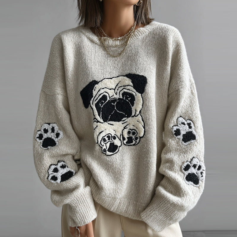 Lovely Cute Pug And Paws Embroidery Art Loose Cozy Knit Sweater