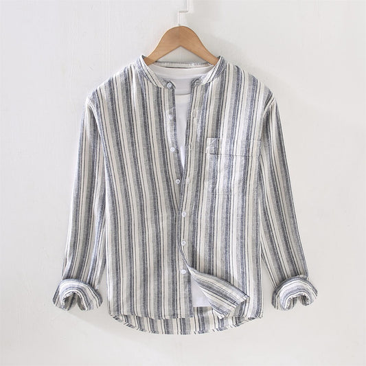 Men's Striped Long Sleeve Shirt - Stand Collar, Slim Fit