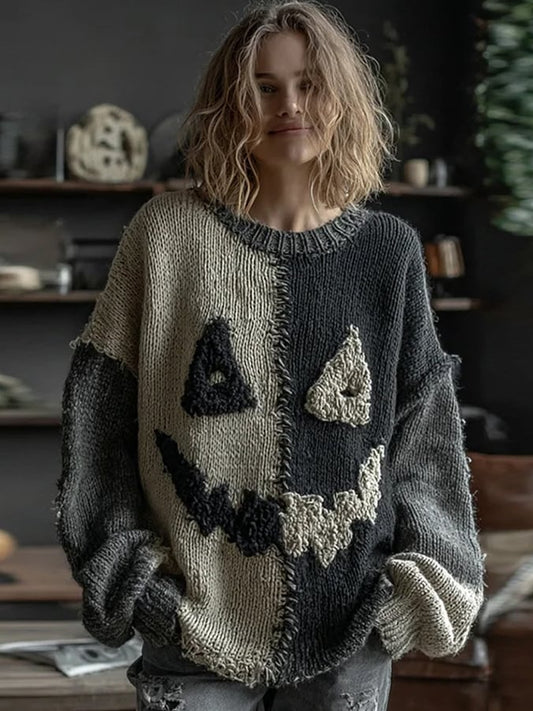 Women's Halloween Spooky Face Stitched Cozy Knit Sweater