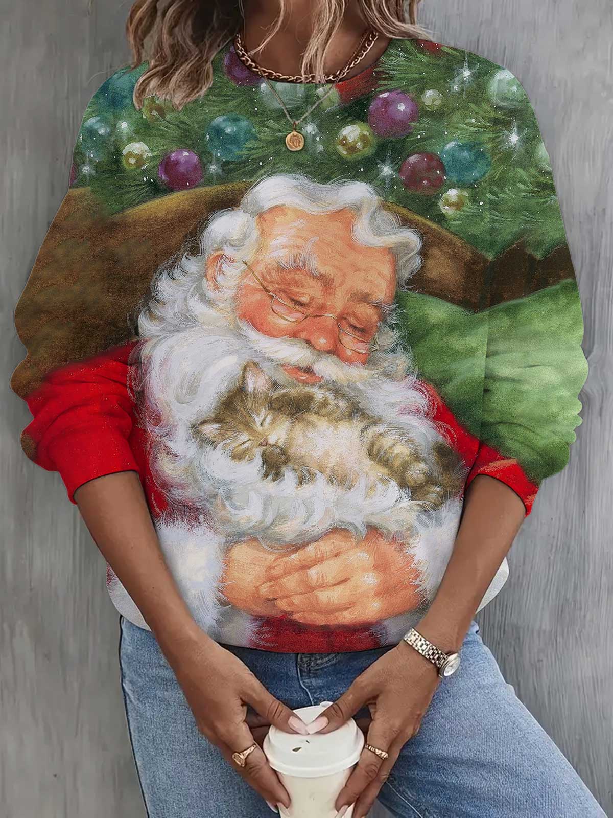 Christmas Santa And Cat Printed Long Sleeve Casual Top
