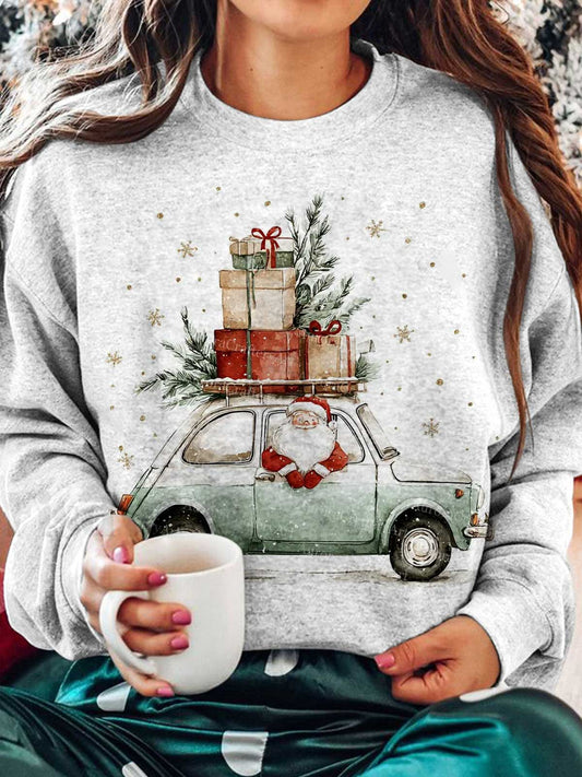 Christmas Truck Printed Long Sleeve Casual Top