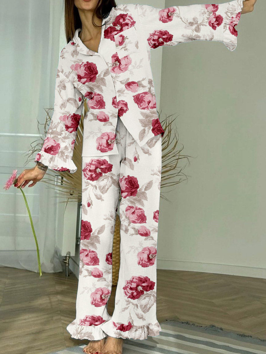 Women's Floral Print Casual Ruffle Pajama Set