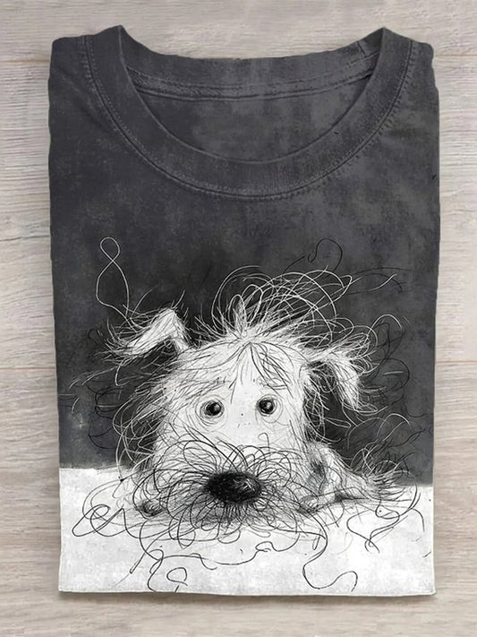 Cute Dog Scrawled Puppy Art Print Casual Short Sleeve T-Shirt