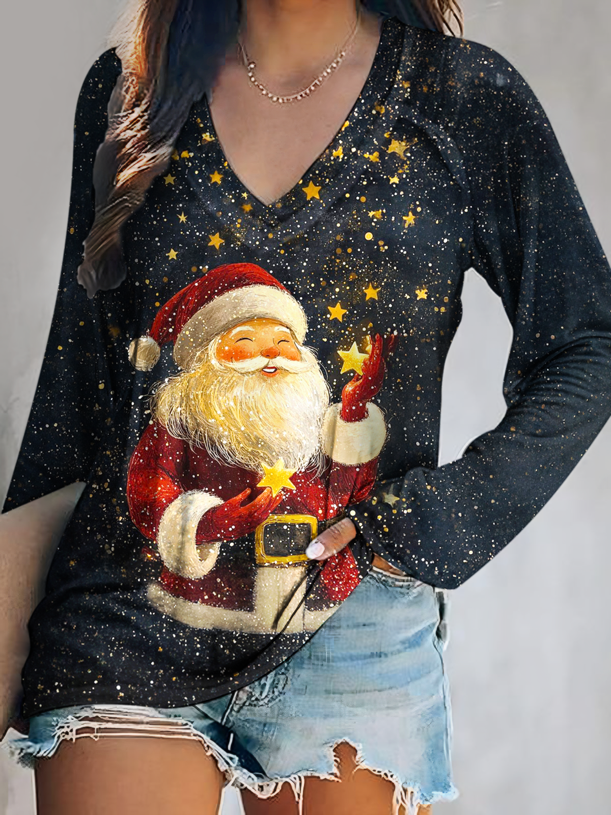 Santa Claus Print V-Neck Long Sleeve Top