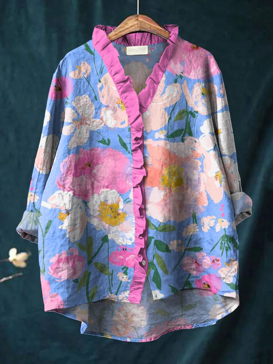 Women's Vintage Floral Art Print Casual Cotton And Linen Ruffle Shirt