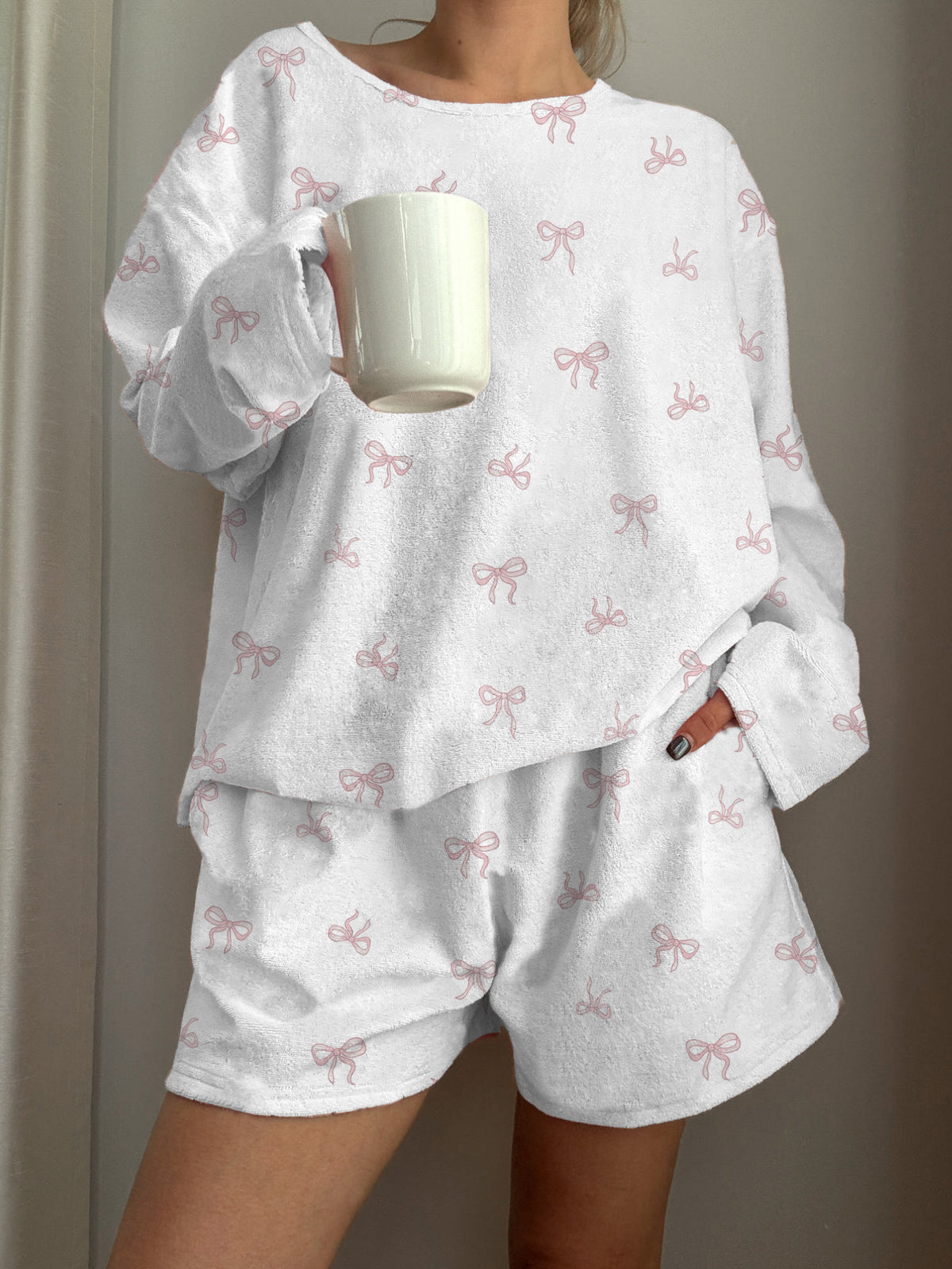 Little Pink Bow Printed Long-Sleeved Shorts Loungewear Set