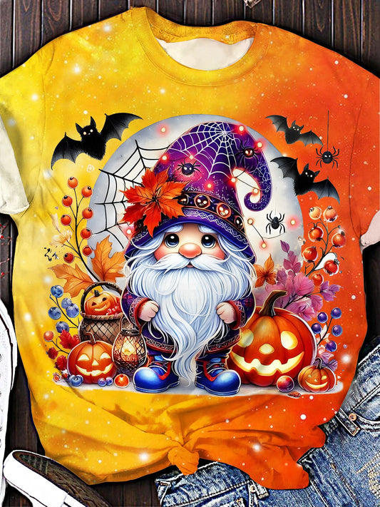 Colorful Pumpkin Halloween Gnome Art Crew Neck T-shirt