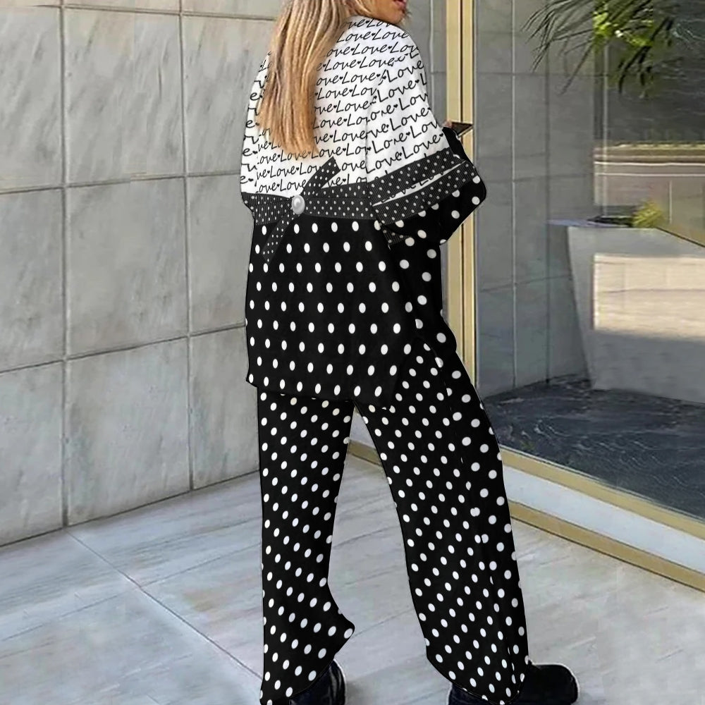 Valentine's Day Bow Pearl Love Letter Polka Dot Color Block Loungewear Set For Women