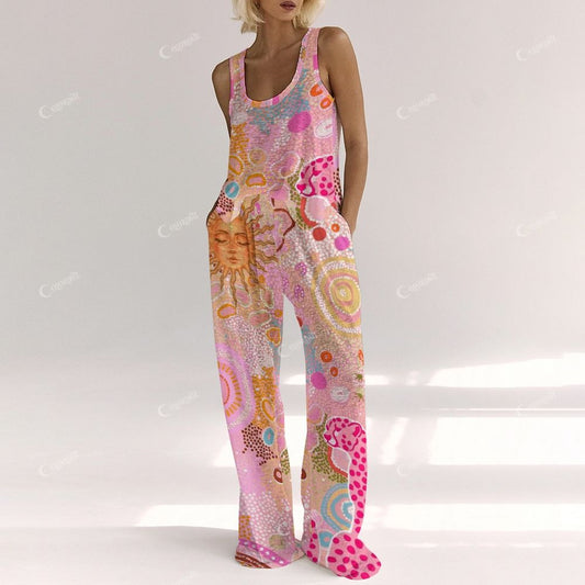 Colordate Women's Leopard And Man Face Sun Pattern Print Vest and Pants Set