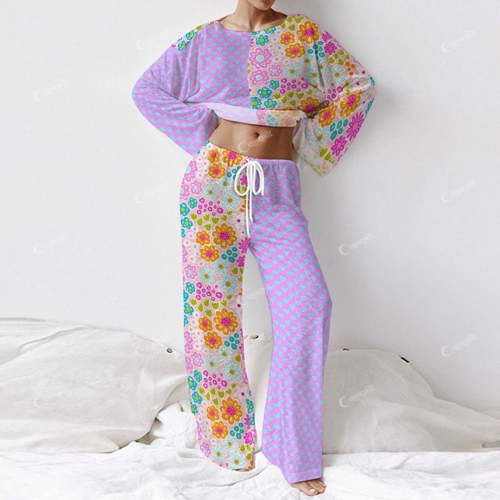Colordate Women's Floral And Heart-Shaped Patchwork Prints Long Sleeve Cotton Homewear Set