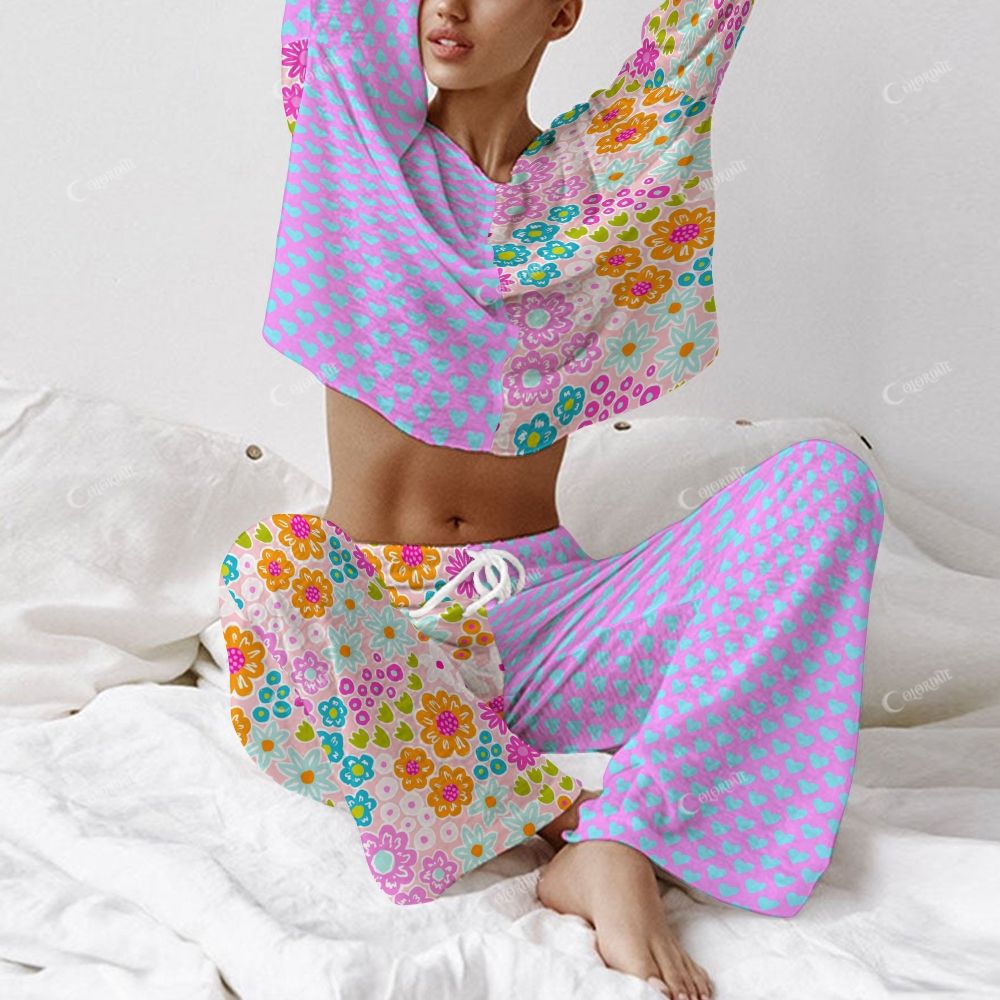 Colordate Women's Floral And Heart-Shaped Patchwork Prints Long Sleeve Cotton Homewear Set