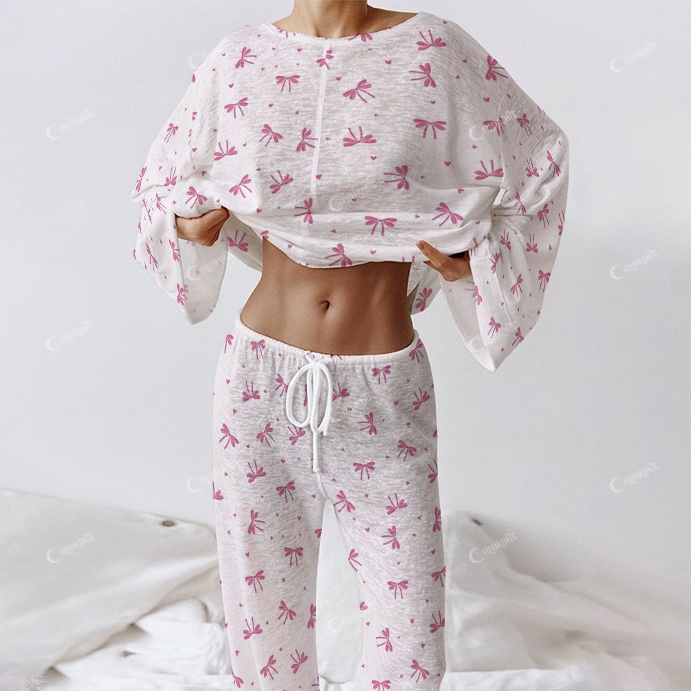 Colordate Women's Pink Bow Print Long Sleeve Cotton Homewear Set