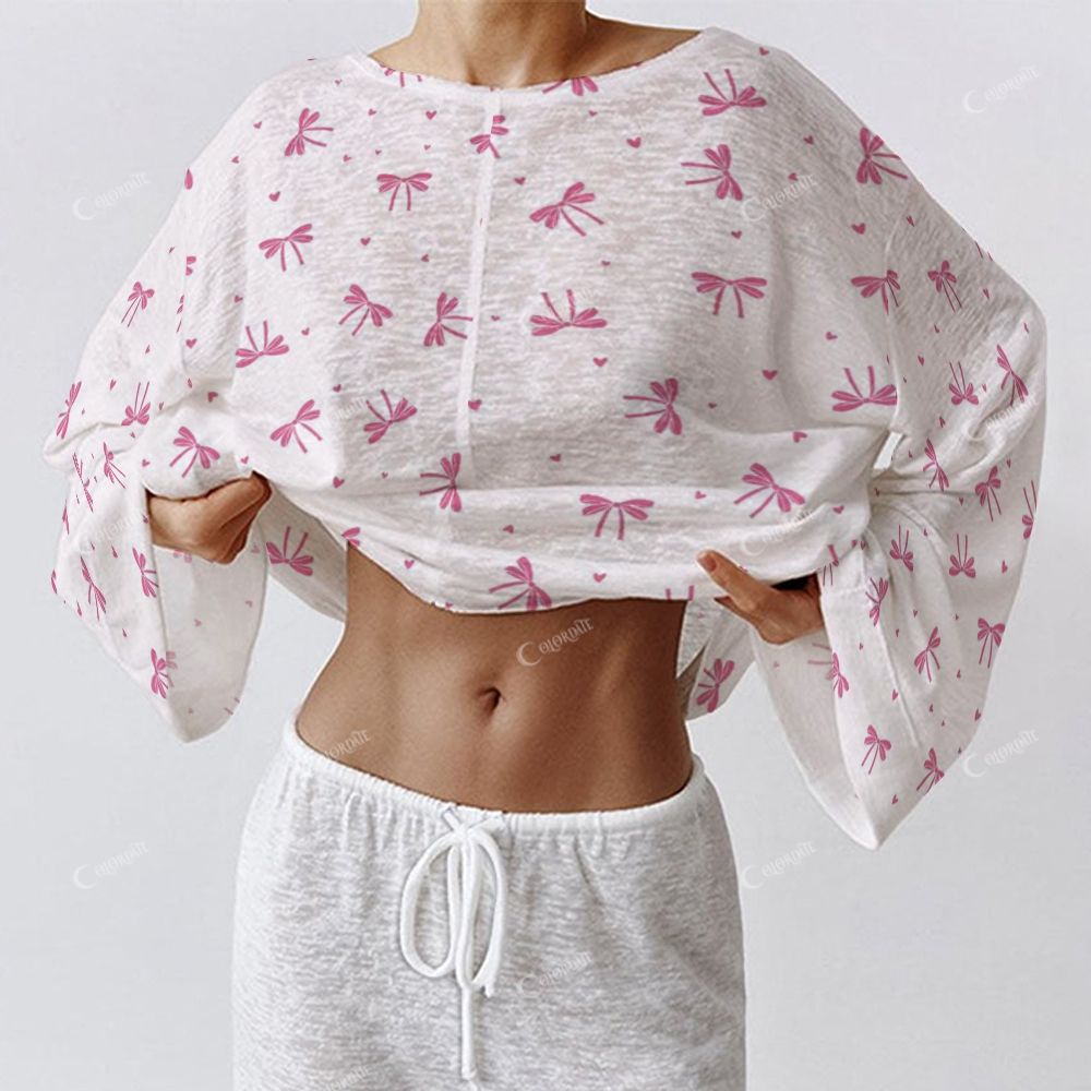 Colordate Women's Pink Bow Print Long Sleeve Cotton Homewear Set