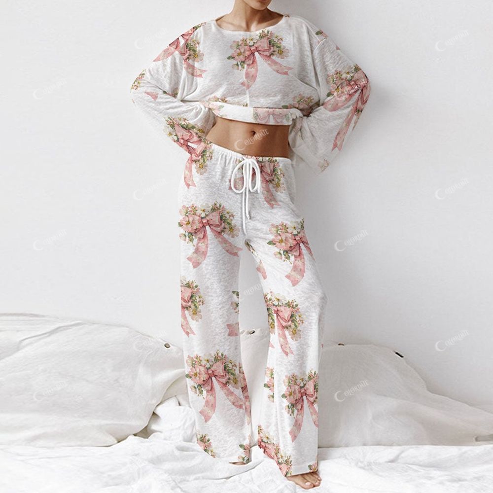 Colordate Women's Bow And Flower Print Long Sleeve Cotton Homewear Set