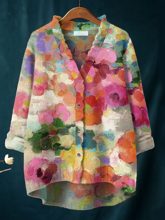 Women's Vintage Flower Art Print Casual Pullover Sweater