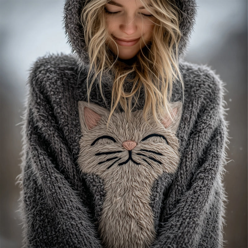 Smiling Fuzzy Cat Embroidered Cozy Hooded Sweater