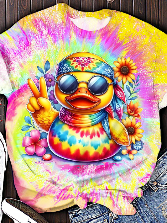 Colorful Tie-dyed Cute Hippie Duck Crew Neck T-shirt