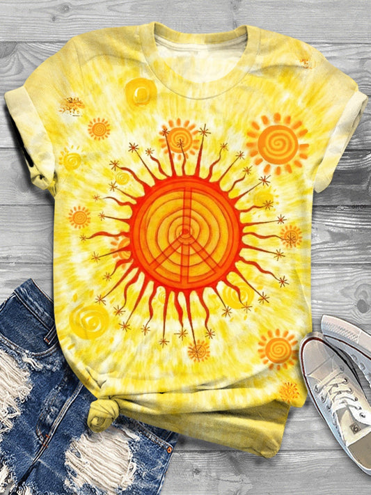 Vintage Sun Hippie Peace Art Cotton Crew Neck T-Shirt