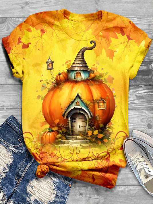 Fall Vibes Pumpkin Art Crew Neck T-shirt