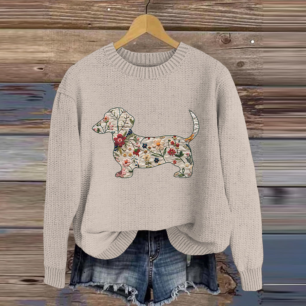 Vintage Classic Dachshund In Floral Art Inspired Embroidered Cozy Knit Sweater