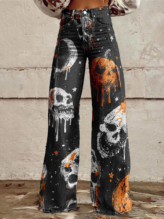 Women's  Hallloween Skull Cotton Flared Jeans Pants
