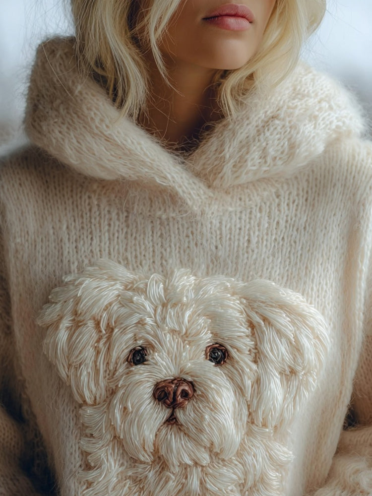 Cute Fuzzy Dog Embroidered Cozy Hooded Sweater
