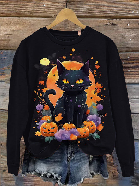 Halloween Black Cat and Pumpkin Art Print Long Sleeve T-Shirt