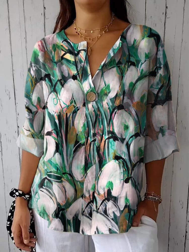Women's Flower Art Print Casual Cotton Linen Shirt