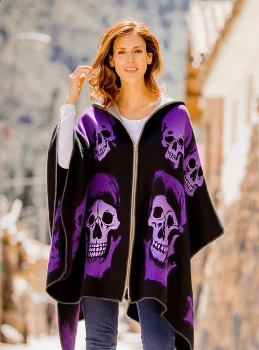 Halloween Skulls Prints Poncho Sweater