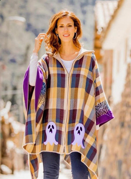 Halloween Cute Ghost Check Pattern Prints Poncho Sweater