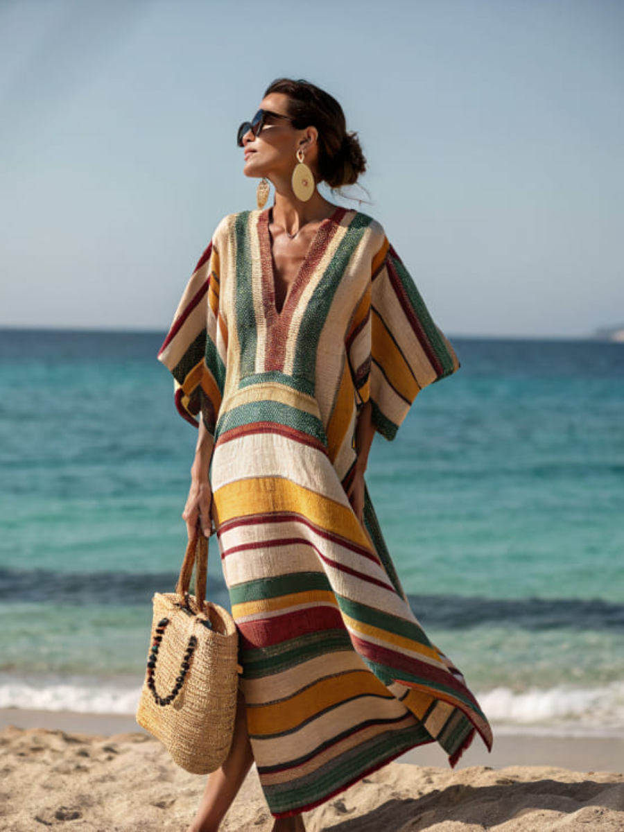 Cotton and linen women's V-neck long skirt