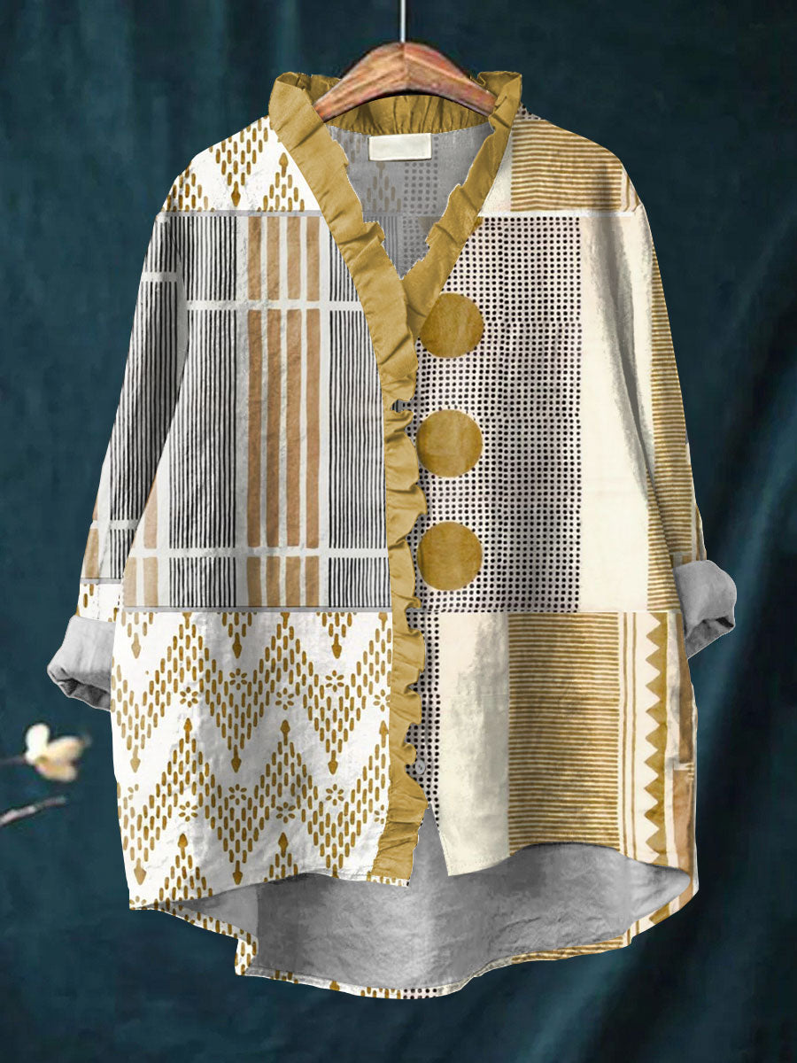 Women's Vintage Abstract Geometric Art Print Casual Cotton And Linen Ruffle Shirt