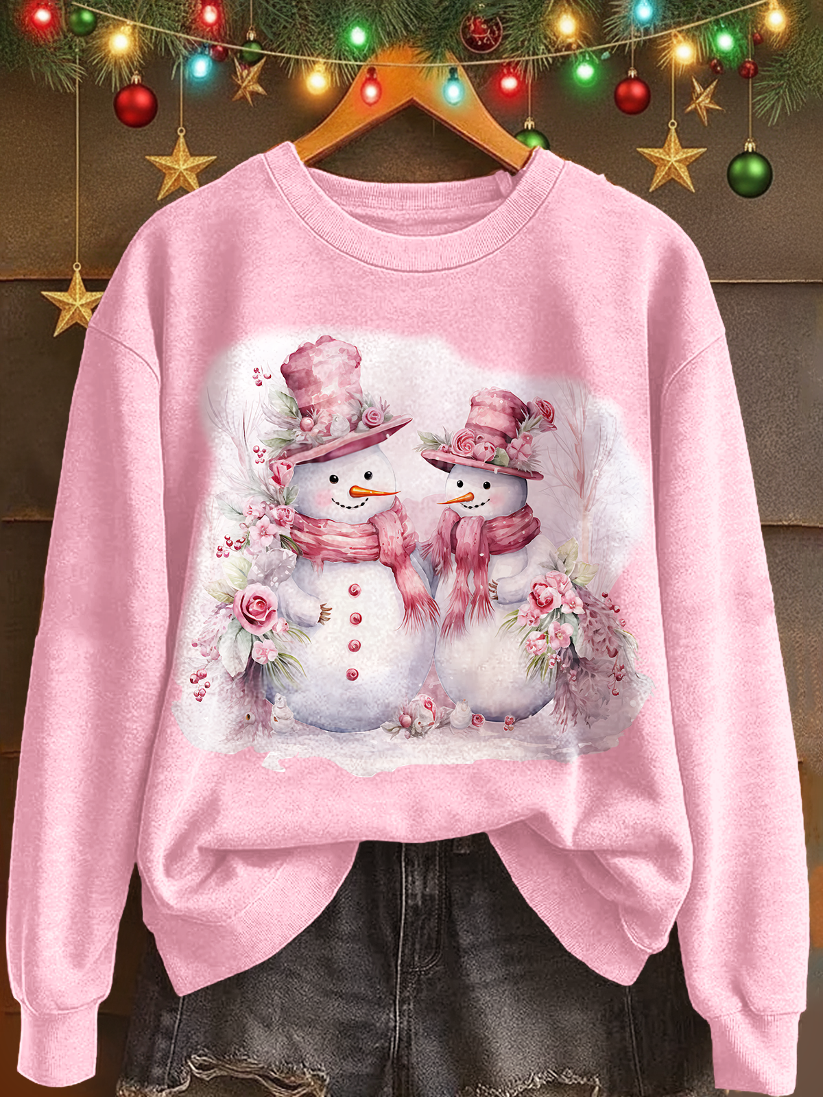 Winter Pink Snowman  Printed Long Sleeve Casual Top