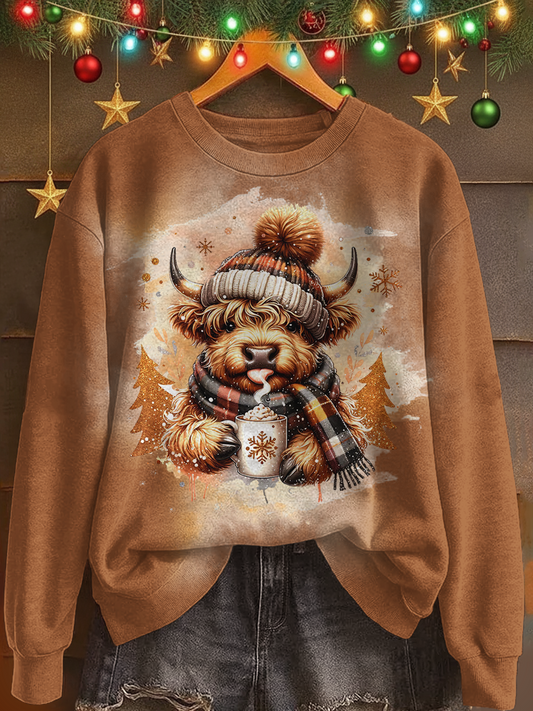Christmas Highland Cow Printed Long Sleeve Casual Top