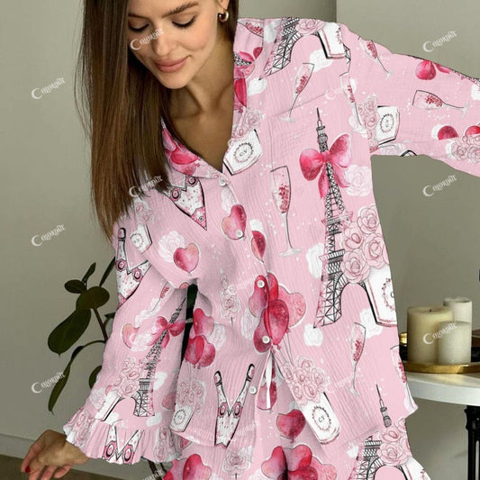 Women's Vintage Pink Valentine's Day Eiffel Tower Printed Linen Cotton Suit