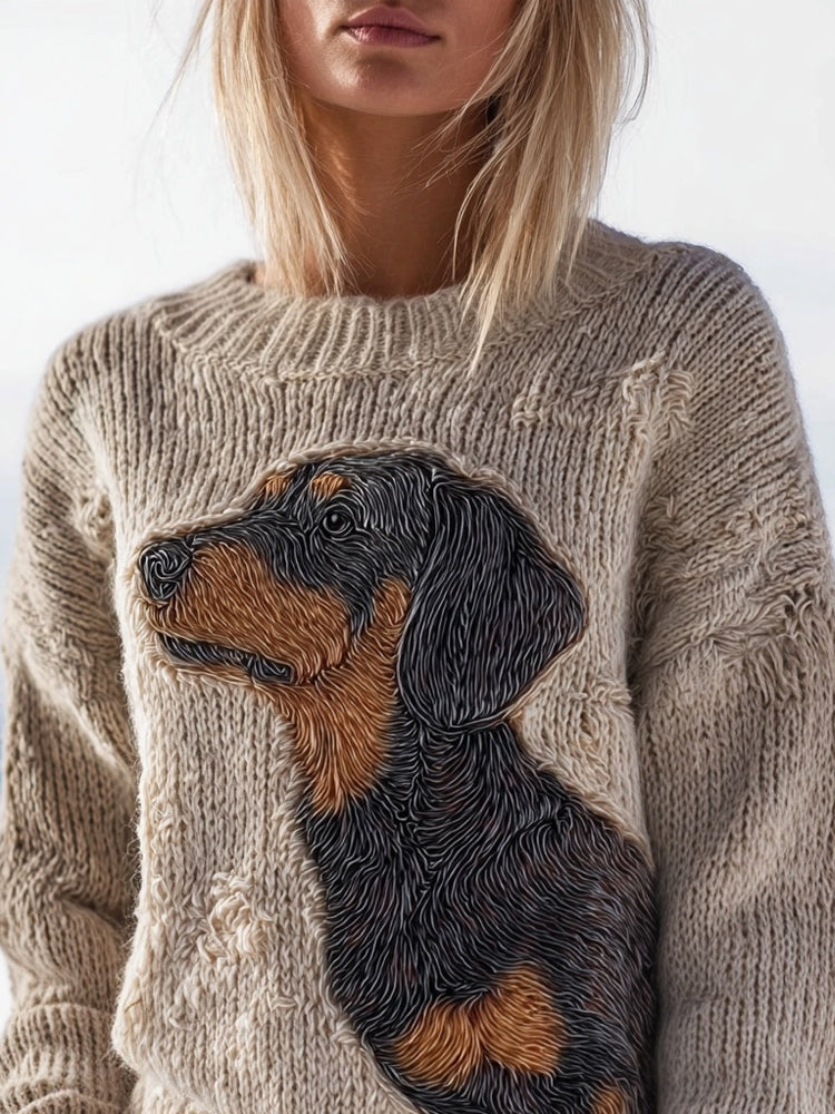 Cute Dachshund Embroidered Cozy Knit Sweater