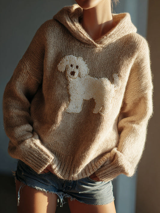 Classic Fuzzy Poodle Dog Felt Cozy Knit Hooded Sweater