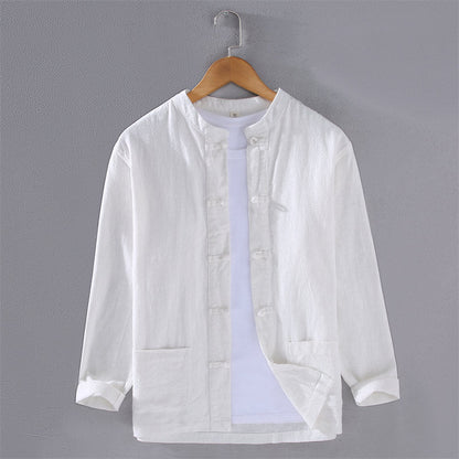 Stand Collar Cotton Linen Long Sleeve Shirt