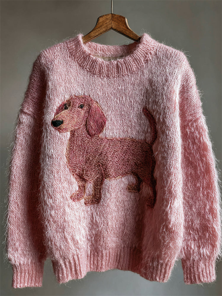 Pink Dachshund Embroidered Fuzzy Cozy Knit Sweater