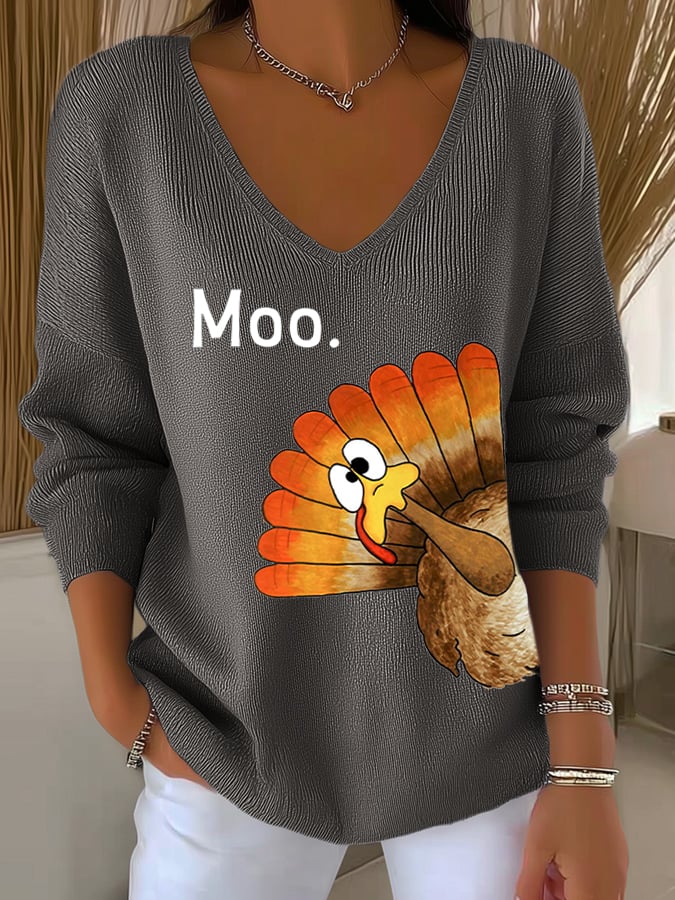Women's Thanksgiving Turkey Moo Print Knit Top