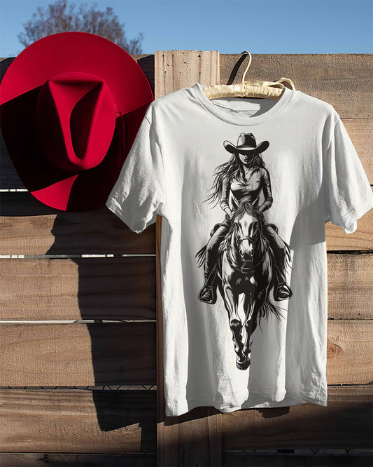 Cowgirl On Horseback Crew Neck Short Sleeve T-shirt