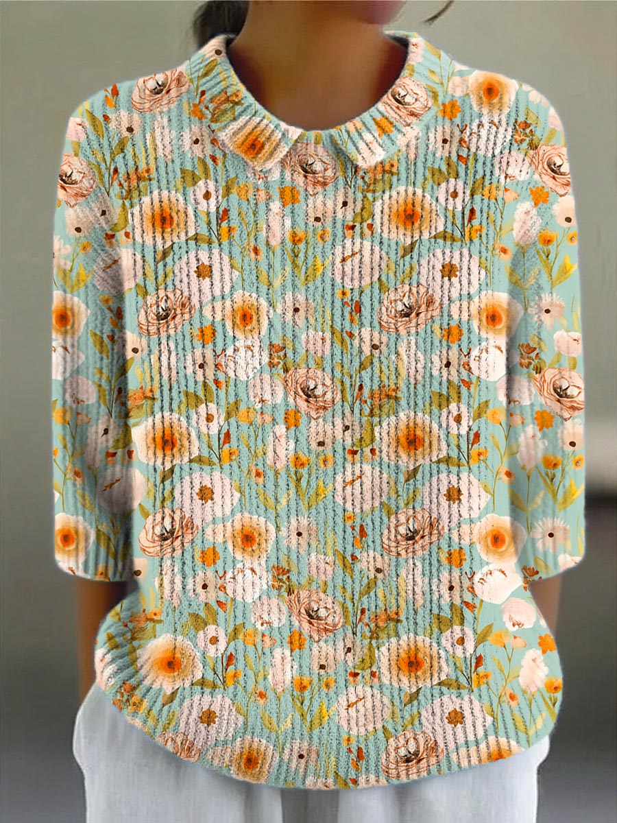 Women's Vintage Floral Art Print Casual Pullover Sweater