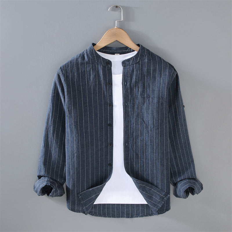 Stand Collar Cotton Linen Striped Long-Sleeved Shirt