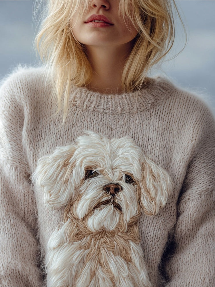 Cute Fuzzy Dog Embroidered Crew Neck Cozy Sweater