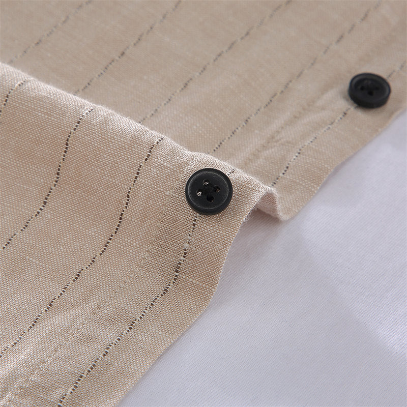 Stand Collar Cotton Linen Striped Long-Sleeved Shirt