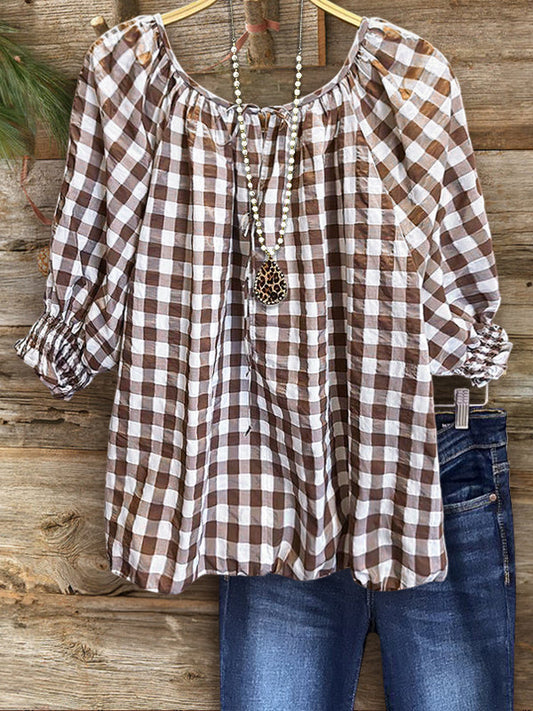Cotton Plaid Gathered Cuff Top