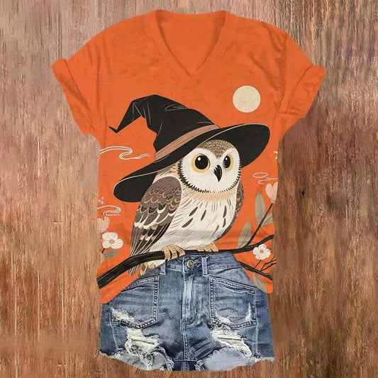 Halloween Cute Owl Print V-neck T-Shirt