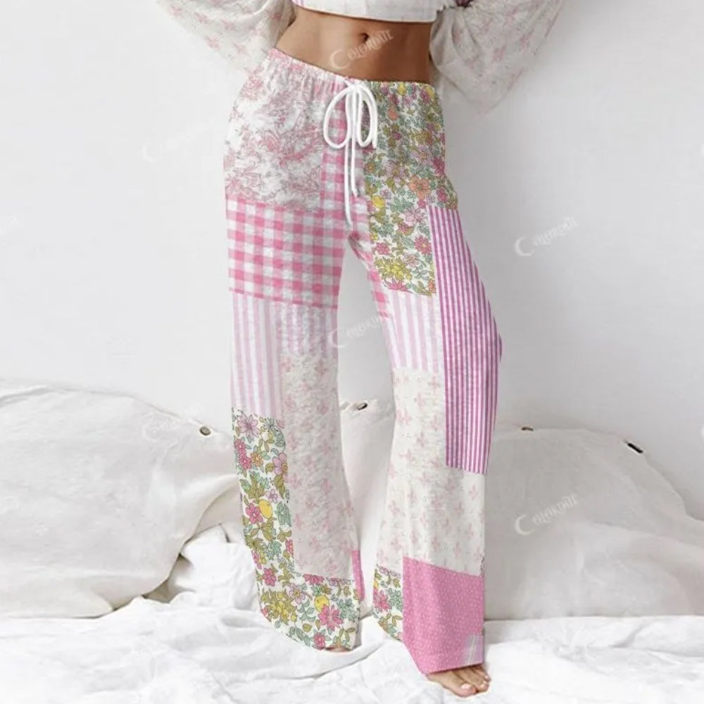 Colordate Women's Floral Checkered Patchwork Print Long Sleeve Cotton Homewear Set